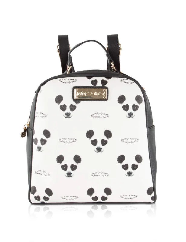 tote bag zipper leather style-Betsey Johnson Kitch Panda Print Medium School Backpack Tote Bag - Cream