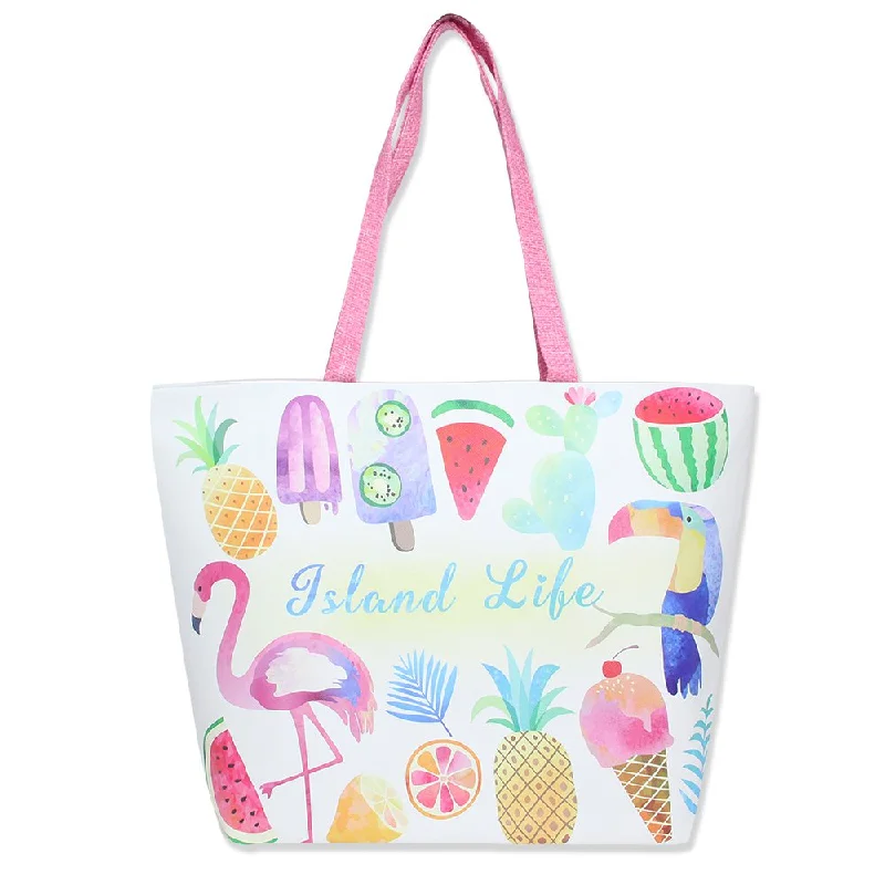 tote bag professional canvas-Colorful Summer Printed 18 inch Zipper Top Beach Tote Bag (Island Life Print)