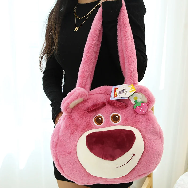 tote bag gift ideas-Disney Genuine Raspberry Open Eyes Smile Strawberry Bear Plush Shoulder Bag Cute Doll Bag Large Capacity Tote Bag