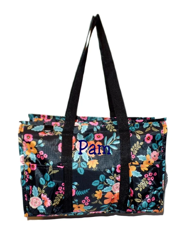 tote bag men canvas-Fashion Print Zip Top Organizing Beach Bag Tote Diaper Bag Weekender - Can Be Personalized (Personalized Black Floral)