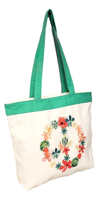 tote bag solid leather-Floral Peace Sign Eco Friendly Beach or Carry All Shopping Zipper Top Tote Bag