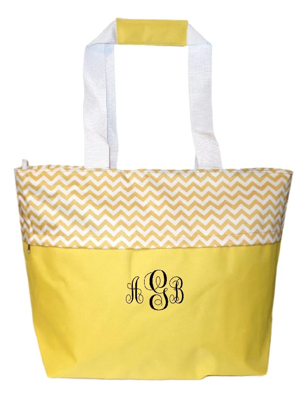 tote bag embroidered canvas-Jumbo Zipper Top Summer Beach Tote Bag - Personalization Available (Golden Yellow Embroidery Monogram)