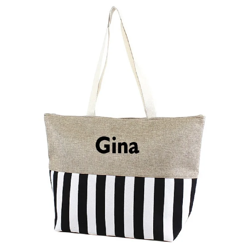 tote bag unisex leather-Large Zipper Top Stripe Print Canvas Beach Bag Tote - 22"x14"x7" (Personalized Black)