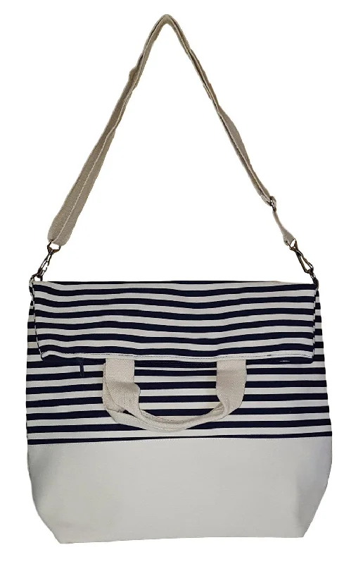 tote bag soft leather-Messenger Style Inspired Stripe Beach Tote Bag (Navy Stripe)