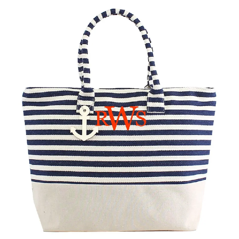 tote bag women leather-Navy Monogrammed Large Zipper Top Stripe Canvas Look Beach Bag Tote