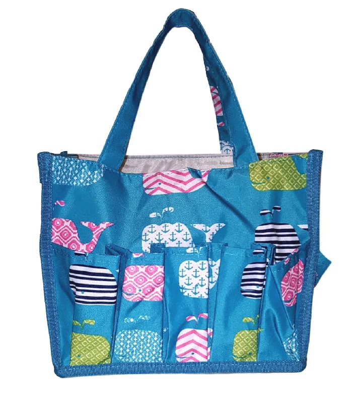 tote bag gift leather-Small Fashion Organizing Tote Bag - 12 Outside Pockets 10" x 8" x 8" - Personalization Available (Turquoise Whale)