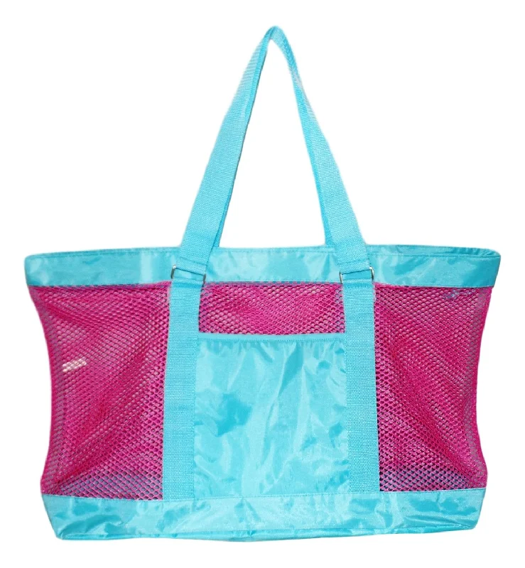 tote bag premium canvas-Super Large Mesh Tote Beach Bag - 24 x 15 x 6 - Can be Personalized (Blank Pink/Aqua)