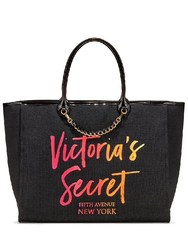 tote bag heavy duty leather-Victoria's Secret Angel City Tote, Black/Ombre Script