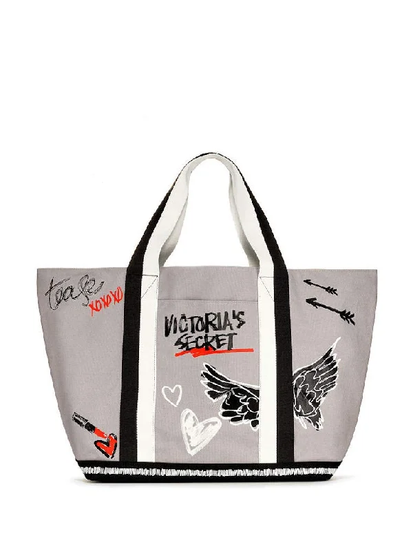 tote bag business canvas-Victoria's Secret Taylor Tease Tote Bag Carryall Cream, Gray- Black & Red