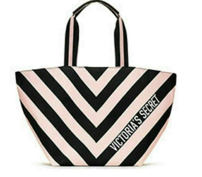 tote bag commuter leather-Victoria's Secret Tote Bag Pink Black Striped, Stripe Duffle Pink