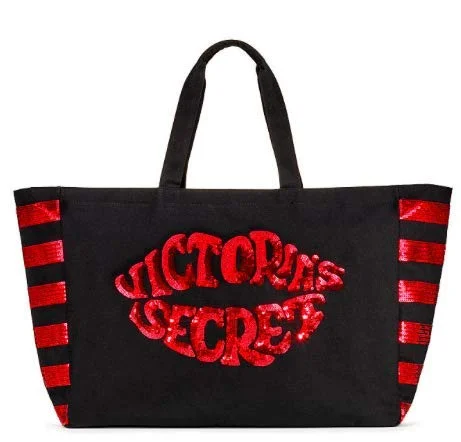 tote bag short strap canvas-Victoria's Secret Tote Bag Weekender Black Red Lips Sequins Kiss Large