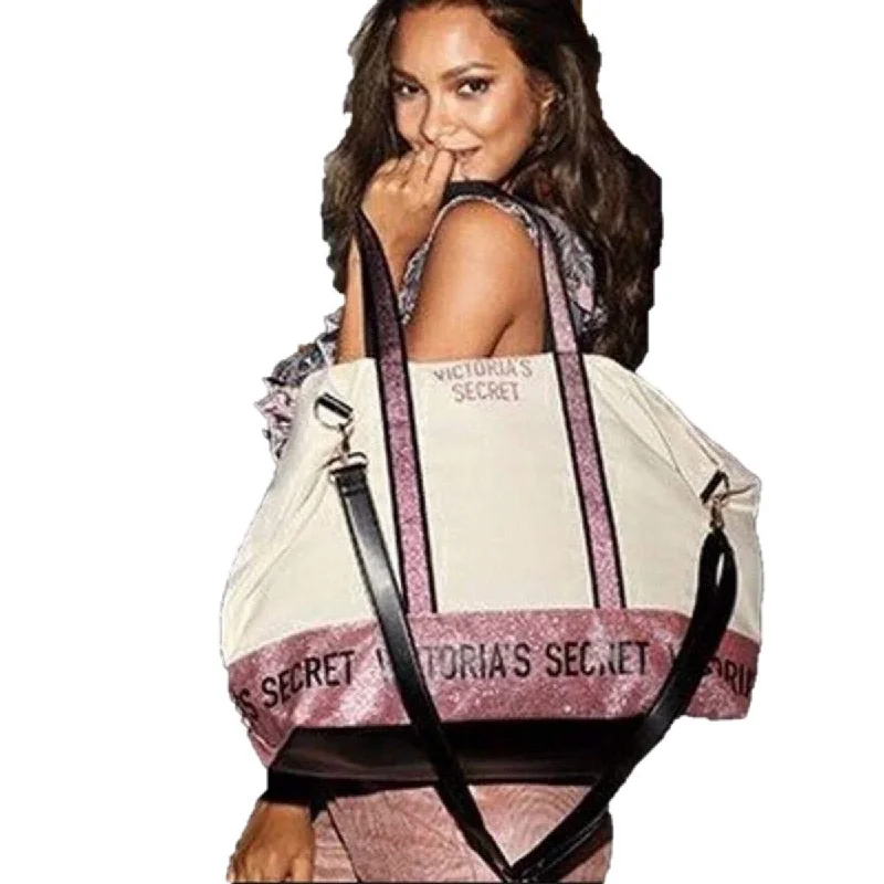 tote bag canvas handle-Victoria's Secret Tote Bag Weekender Purple Sparkle Color Ivory Extra Large