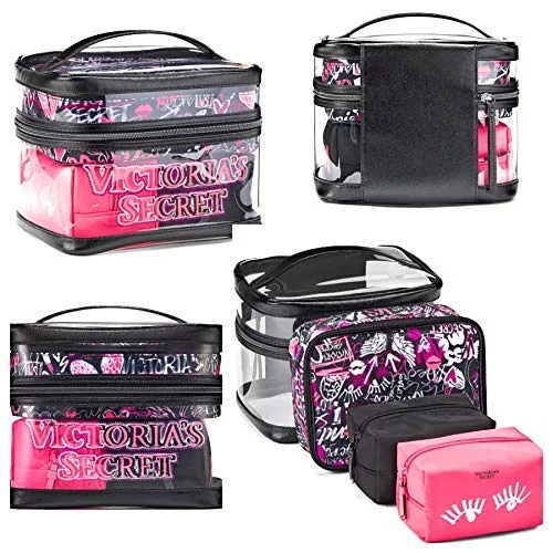 tote bag adjustable leather-Victoria's Secret Train Case Travel Tote Clear Graffiti 4 Piece Set