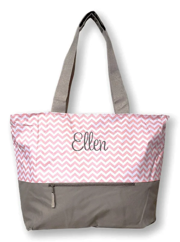 tote bag printed leather-XL Beach Tote Chevron Print Weekender Bag with Mesh Webbed Handles and Outer Zippered PocketCan Be Personalized (Personalized, Pastel Pink)